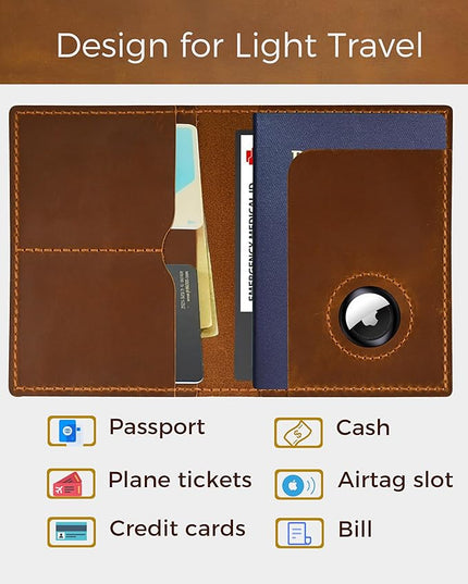 Passport Holder for Travel, Genuine Leather Passport Holder with Airtag, Rfid Passport Wallet Cover Case for Women Men, Travel Essentials Gift, Brown