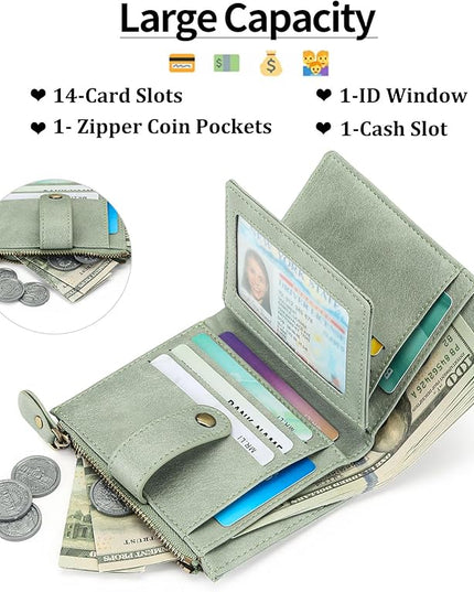 FALAN MULE Small Wallet for Women Leather RFID Blocking Bifold Credit Card Holder with Zipper Coin Pocket