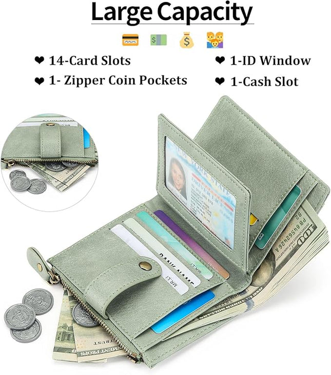 FALAN MULE Small Wallet for Women Leather RFID Blocking Bifold Credit Card Holder with Zipper Coin Pocket