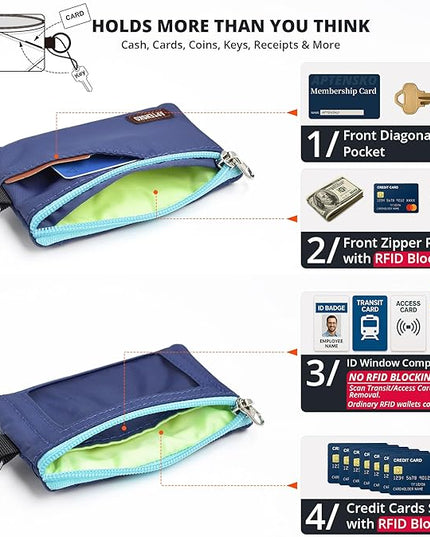 RFID Travel Wallet with Adjustable Lanyard-Zipper Small Wallet with ID Card Holder, Keychain for women&men-Minimalist Slim Waterproof Nylon case for ID, Cash, Key (Navy Blue)