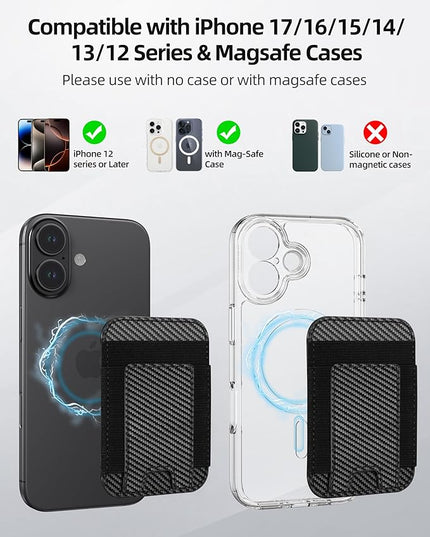 for Magsafe Wallet, Strongest Magnetic Wallet, for iPhone Walle t Magsafe with 2 Card Slots, Magnetic Card Holder for iPhone 17/16/15/14/13/12 Series, Vegan Leather, Fit 7 Cards, Black Carbon Fiber