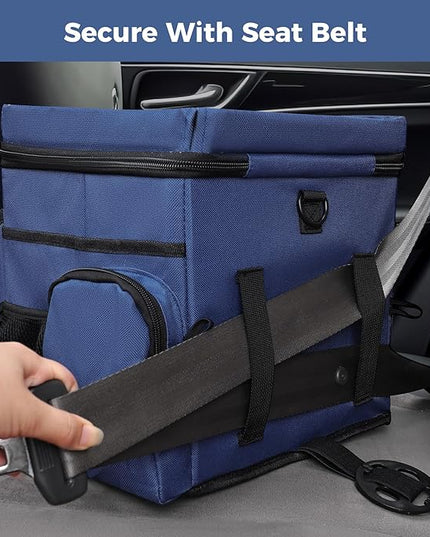 COOLBEBE Car Seat Organizer, Backseat Car Organizer with Cup Holders for Kids and Adults Travel, Cooler Compartment Passenger Seat Organizer Storage Box for Front or Middle Seat, Navy Blue