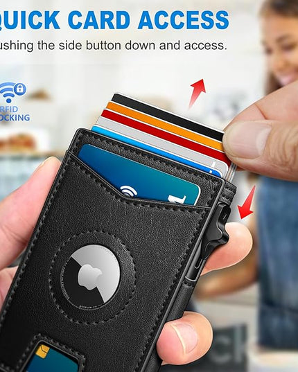 miyozi Airtag Wallet for Men Money Clip 9-Card Pop-Up Credit Card Holder with ID Window RFID Blocking Metal Case Magnetic Closure Front Pocket Wallet Gift Box