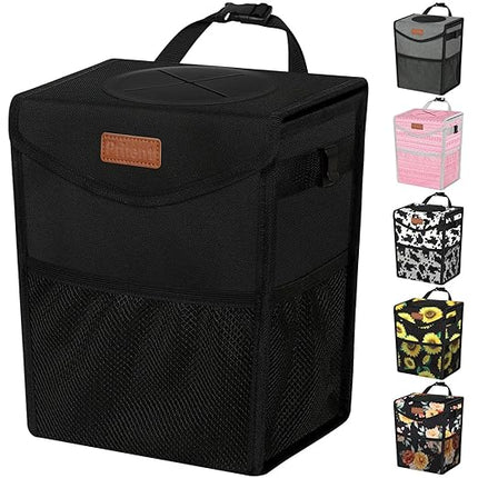 Car Trash Can with Lid, Cute Leakproof Car Trash Garbage Bag Hanging Vehicle Trash Bin Small Portable Automotive Garbage Cans Organizer for Back/Front Seat/Console(2.8 Gallons,Black)