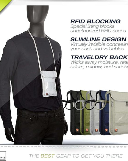 Lewis N. Clark RFID Blocking Stash Neck Wallet, Travel Pouch Passport Holder for Women & Men, Black