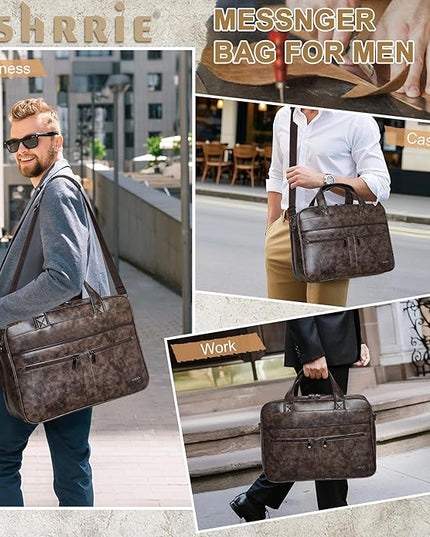 Shrrie Leather Messenger Bag for Men&Women 16 inch Laptop Bag,Water-Resistant Retro Leather Briefcase for Men Business,Work