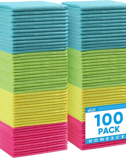 HOMEXCEL Microfiber Cleaning Cloth,100 Pack Cleaning Rags, Cleaning Towels with 4 Color Assorted, 11.5"X11.5" Shop Towels (Green/Blue/Yellow/Pink)