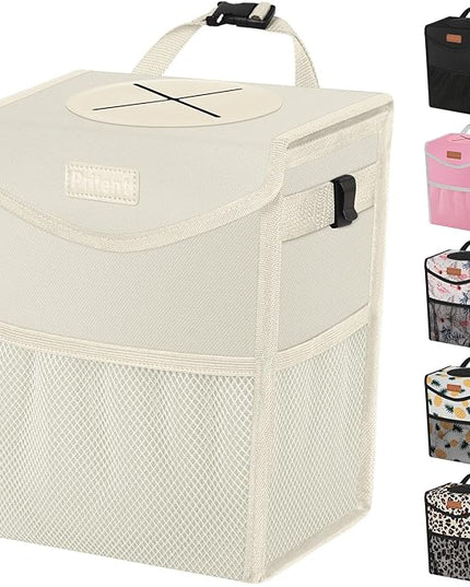 Car Trash Can with Lid, Cute Leakproof Car Trash Garbage Bag Hanging Vehicle Trash Bin Small Portable Automotive Garbage Cans Organizer for Back/Front Seat(Trapezoid,Ivory
