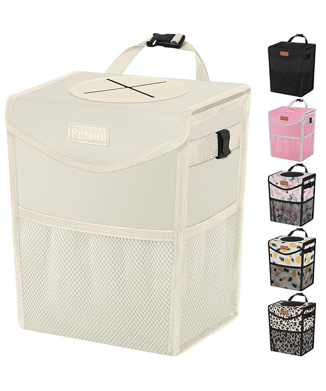 Car Trash Can with Lid, Cute Leakproof Car Trash Garbage Bag Hanging Vehicle Trash Bin Small Portable Automotive Garbage Cans Organizer for Back/Front Seat(Trapezoid,Ivory