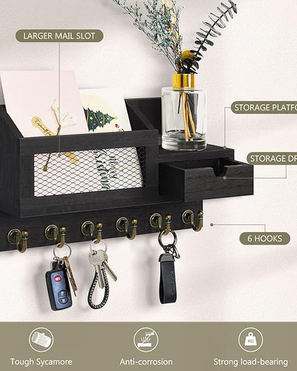 FifthQuarter Key and Mail Holder for Wall, Mail Organizer Wall Mount with 6 Hooks and Storage Drawer, Easy Installation Key Rack for Entryway and Home Decor (B-Black)