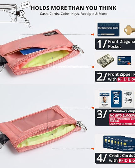 RFID Travel Wallet with Adjustable Lanyard-Zipper Small Wallet with ID Card Holder, Keychain for women&men-Minimalist Slim Waterproof Nylon case for ID, Cash, Key (Coral Blush)