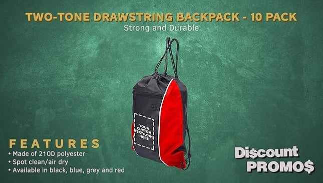 DISCOUNT PROMOS Two-Tone Drawstring Backpack Non-Woven - 10 pack - Customizable Text, Logo - Durable Sports Backpacks - Ideal for Sports, Travel, Gym & More - Red