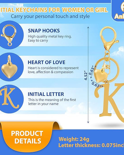 A-Z Heart Initial Letter Keychain, Stainless Steel Alphabet Charm for Handbags, Gift for Women and Girls