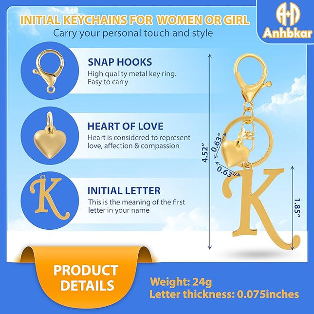 A-Z Heart Initial Letter Keychain, Stainless Steel Alphabet Charm for Handbags, Gift for Women and Girls