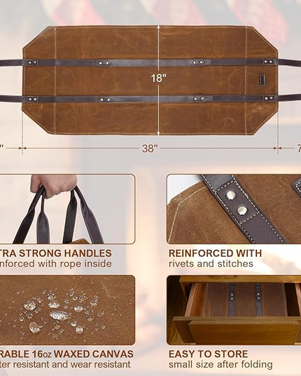 Canvas Firewood Log Carrier Bag, Waxed Durable Wood Tote of Fireplace Stove Accessories, Extra Large Hay Hauling with Handles for Outdoor Camping-Rust