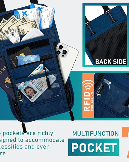 sundee Travel Neck Wallet with Double Zippers, RFID Blocking Passport Holder with Adjustable Neck Strap for Men and Women to Keep Cash, Credit Cards and Travel Documents Safe - Navy Blue