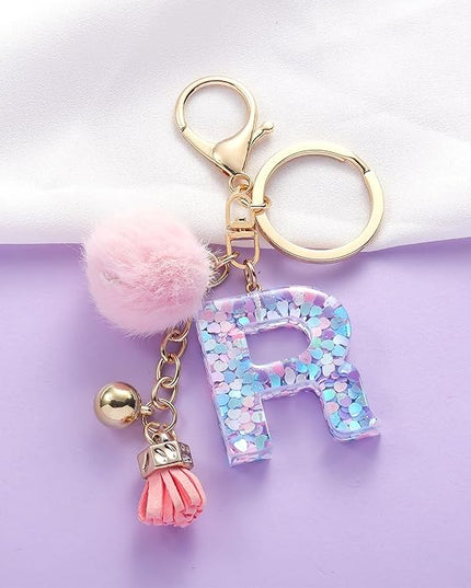 Resin Alphabet Initial Letter Keychain Keyring for Women Purse Handbags With Fur Ball Pom
