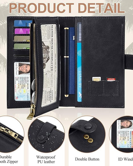 BKNOOU Passport Holder for Travel, RFID Blocking Passport Wallet Travel Wallet for Women Men, Leather Passport Cover with Zippered Coins Pocket, Trifold Clutch Wallet for Airport Essentials/Daily
