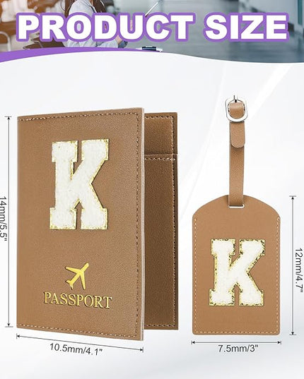 PATIKIL Passport Holder for Travel, Initial Passport Cover and Luggage Tag Set with Alphabet Chenille Letter Patch Travel Wallet Bag Suitcase Identifier for Women Family Travel Brown K