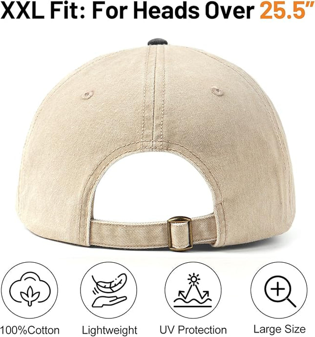 XXL Oversize Washed Denim Baseball Cap,Low Profile Jean Sports Cap for Big Heads 23.5"-25.5",Large Pigment Dyed Dad Hat