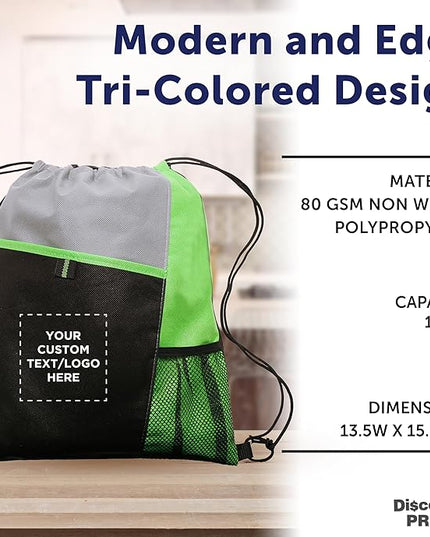 DISCOUNT PROMOS Custom Non-Woven Drawstring Backpacks Set of 10/50/100, Personalized Bulk Pack