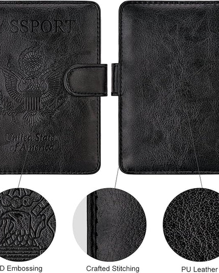 WALNEW Passport Holder for Travel, RFID Passport Cover Wallet for Women Men, PU Leather Passport Book Card Holder Case with Pen (Buckle Closure, Buckle-Black)