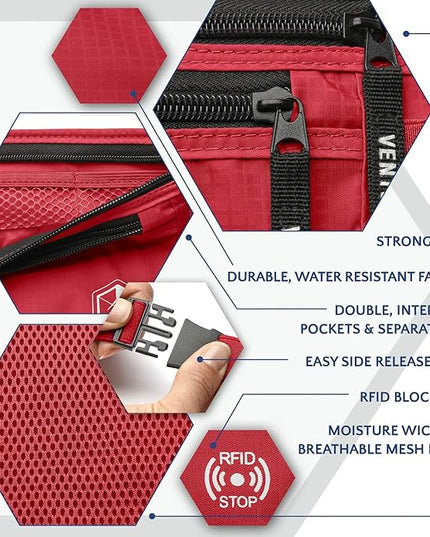VENTURE 4TH Money Belt for Travel – Hidden Under-Clothes RFID Blocking Passport Holder & Slim Travel Wallet Pouch for Men & Women to Protect Cash, Cards & Documents (Red)