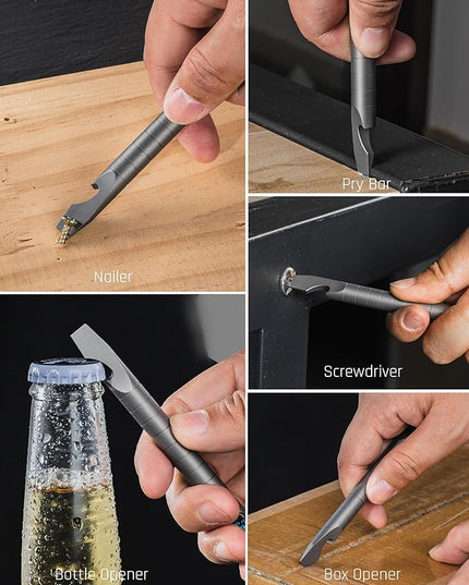 TISUR Titanium EDC Pry Bar, Keychain Prybar Multitool With Beer Bottle Opener, 6 in 1 Portable Pocket Mini Crowbar Tool (Gray)