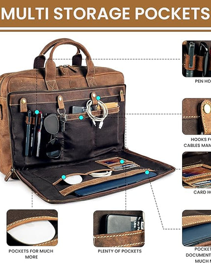 Vintage Leather Messenger Bag for Men, 16” Laptop Satchel with Adjustable Shoulder Strap, Briefcase Office Work & Travel Bag