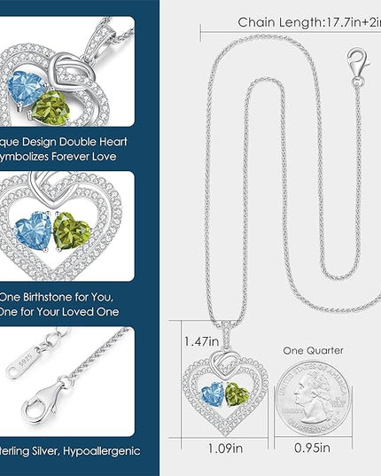 LOUISA SECRET Sparkling Double Heart Birthstone Necklaces for Women, 925 Sterling Silver Fine Jewelry, Pendant Heart Necklaces Birthday Anniversary Christmas Gift for Women Wife Mom Girlfriend Lady