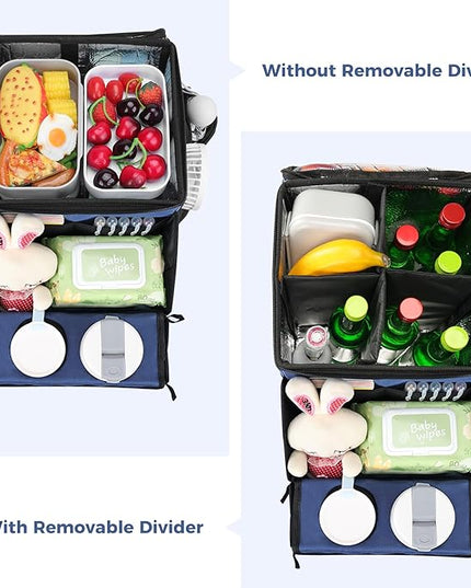 COOLBEBE Car Seat Organizer, Backseat Car Organizer with Cup Holders for Kids and Adults Travel, Cooler Compartment Passenger Seat Organizer Storage Box for Front or Middle Seat, Navy Blue