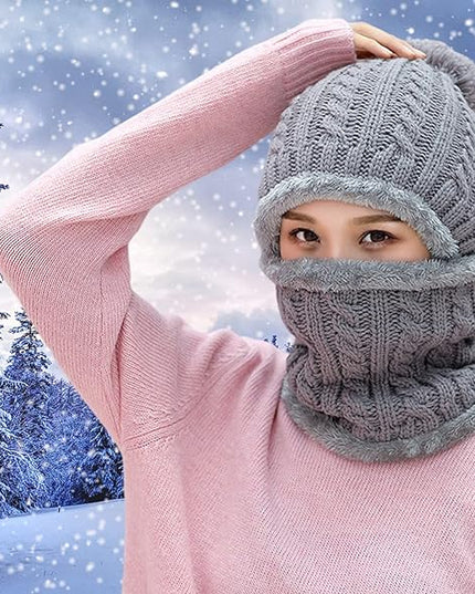 HUAMULAN Women Winter Beanie Hats One Piece Fleece Lined Knit Balaclavas Mask Set Skull Neck Circle Scarf Ski Snow Hat Pompom