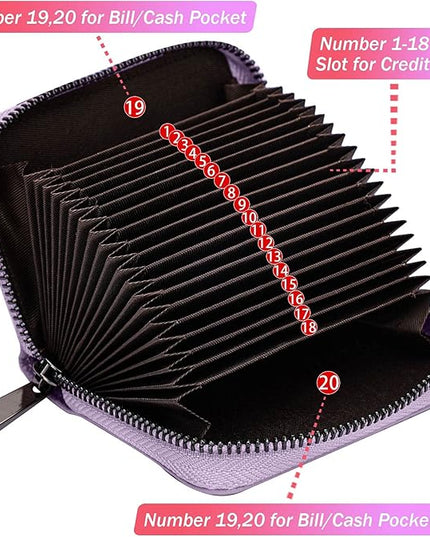 Linno RFID 20 Slots Credit Card Holder Genuine Leather Small Wallet for Women or Men with Zipper