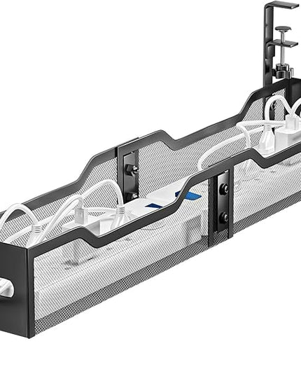 Under Desk Cable Management Tray 32'', Cable Management Under Desk No Drill, Cable Organizer with Clamp for Wire Management, Cord Organizer for Office, Home - No Damage to Table (Black)