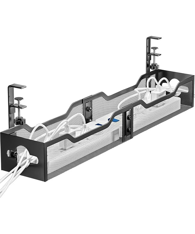 Under Desk Cable Management Tray 32'', Cable Management Under Desk No Drill, Cable Organizer with Clamp for Wire Management, Cord Organizer for Office, Home - No Damage to Table (Black)