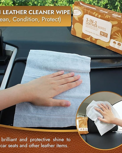 Air Jungles 3in1 Leather Cleaner Wipes 70 Count, Extra Large 8" x 10" Size, Clean Condition Protect Wipes for Vinyl and Leather Apparel Furniture Auto Car Interior Shoes Boots Bags