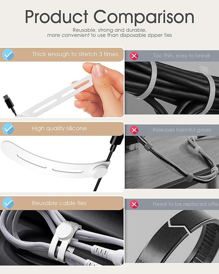 40Pcs Nearockle Reusable Cable Ties, Adjustable Silicone Cord Organizer Small Zip Ties for Charging Cords Earphone Computer Wire, Office Desk Cable Management Travel Accessories(White)