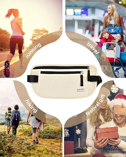 RFID Blocking Money Belt for Men Women, Slim Fanny Pack for Travel，Running,Conceal Waist Wallet for Passport Holder,Phone,Cash(Cream White)