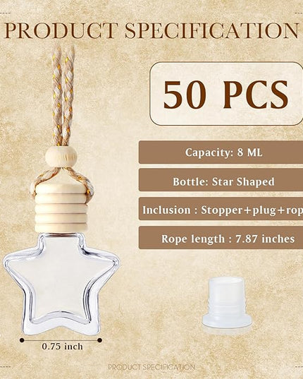 BBTO 50 Pcs Hanging Car Air Freshener Car Diffuser Bottles Empty Glass Perfume Bottle Freshener Diffuser Bottle Pendant for Essential Oil Fragrance Aromatherapy Bottle Ornament(Star)