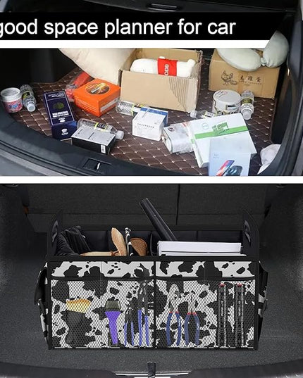 Femuar Car Trunk Organizer,Car Storage Organizer with 72L Large Capacity Waterproof Collapsible and 11 Pockets,Trunk Organizer for Car Suv/Jeep/Sedan, Large Size, Cow print