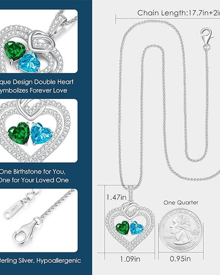 LOUISA SECRET Sparkling Double Heart Birthstone Necklaces for Women, 925 Sterling Silver Fine Jewelry, Pendant Heart Necklaces Birthday Anniversary Christmas Gift for Women Wife Mom Girlfriend Lady