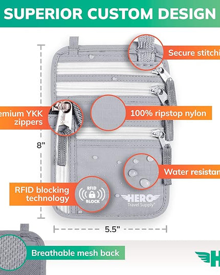 HERO Neck Wallet, RFID Blocking Passport Holder, Easy to Conceal and Pouch