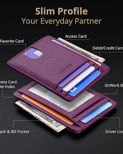 Buffway Slim Minimalist Front Pocket RFID Blocking Leather Wallets for Men and Women - Cross Purple