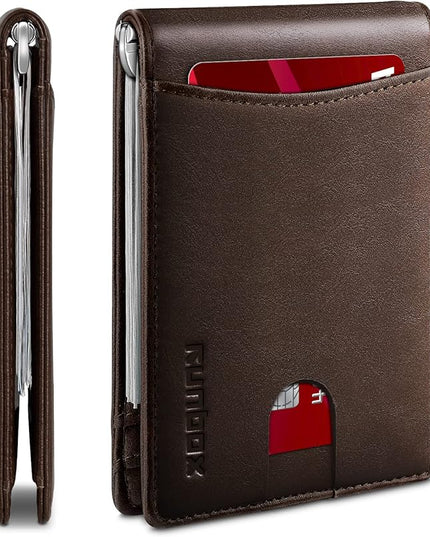 RUNBOX Slim Wallet for Men Genuine Leather RFID Blocking Bifold Minimalist Front Pocket Mens Wallet with Money Clip Thin Gift Box