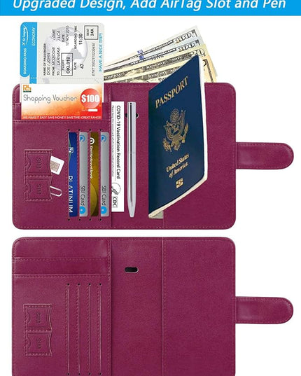 Airtag Passport Holder Cover Wallet RFID Blocking Leather Case Travel Essentials Luggage Accessories Travel Must Have(118#Purple)
