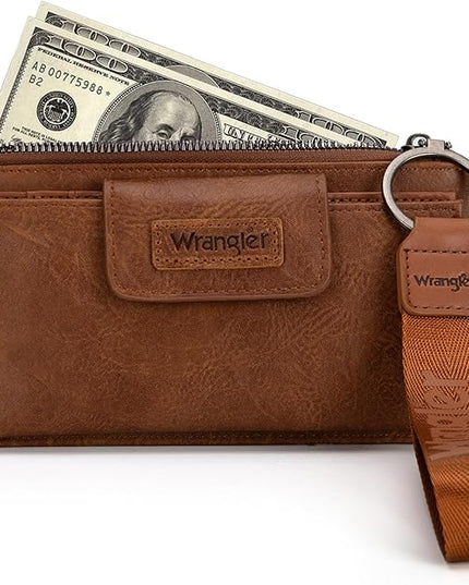 Montana West X Wrangler Brown Wristlet Wallet Minimalist Clutch Womens Wallet Rfid Card Cases & Money Organizers with Coin Purse and Smooth Zipper