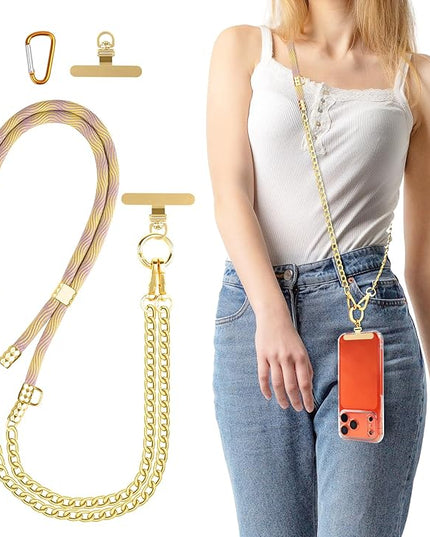Crossbody Phone Lanyard, Adjustable Multicolor Braided Phone Strap and Phone Chain Strap Combination, Sturdy Metal Buckle and 360° Rotatable Phone Tether Tab, Purple Yellow