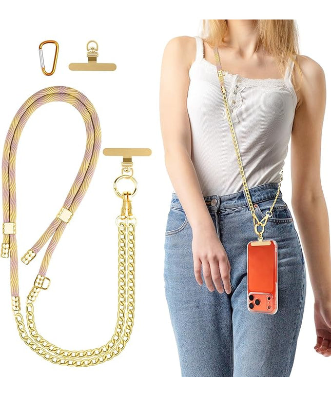 Crossbody Phone Lanyard, Adjustable Multicolor Braided Phone Strap and Phone Chain Strap Combination, Sturdy Metal Buckle and 360° Rotatable Phone Tether Tab, Purple Yellow