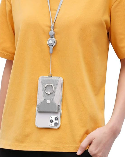 Cell Phone Case, Grey - Slim Wallet with Card Slot, 360 Degree Rotation Ring Stand & Neck Strap, Adhesive Stick-on Credit Card Holder