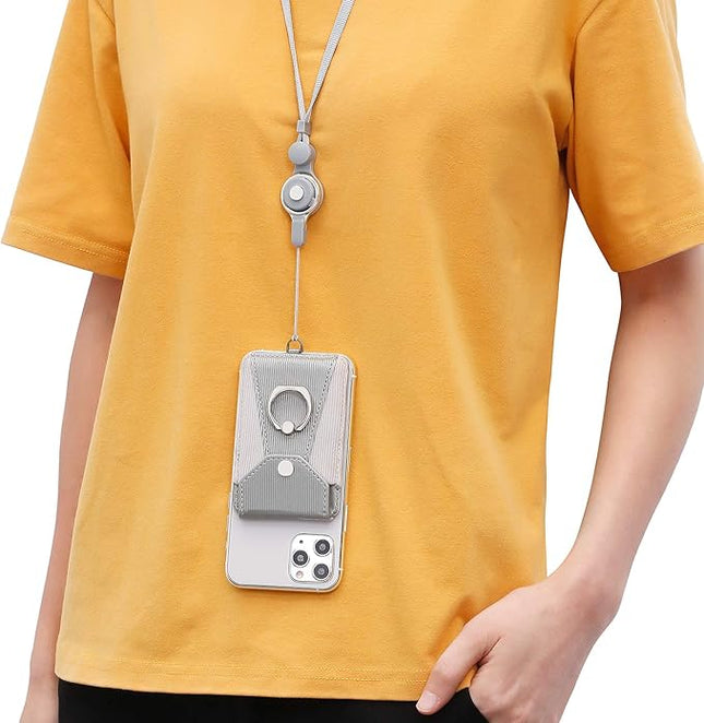 Cell Phone Case, Grey - Slim Wallet with Card Slot, 360 Degree Rotation Ring Stand & Neck Strap, Adhesive Stick-on Credit Card Holder